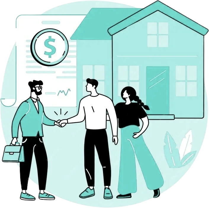 Illustration of a homeowner shaking hands with a buyer in front of a house